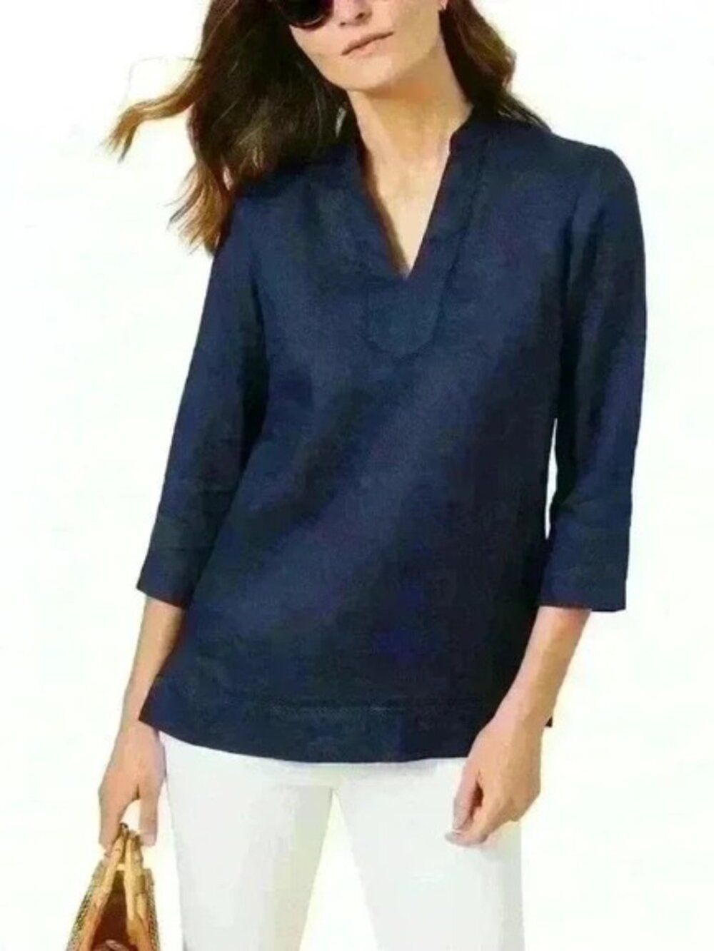 J.McLaughlin Faith Linen Blouse 3/4 Sleeves Length Navy Size S